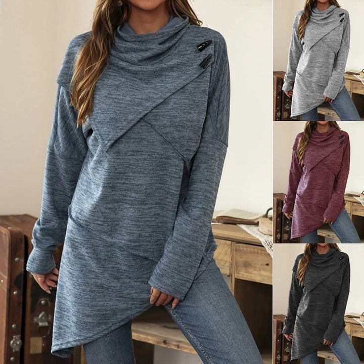 Mune | Women's Hoodie - Long Sweater with Wrap Collar & Button Details