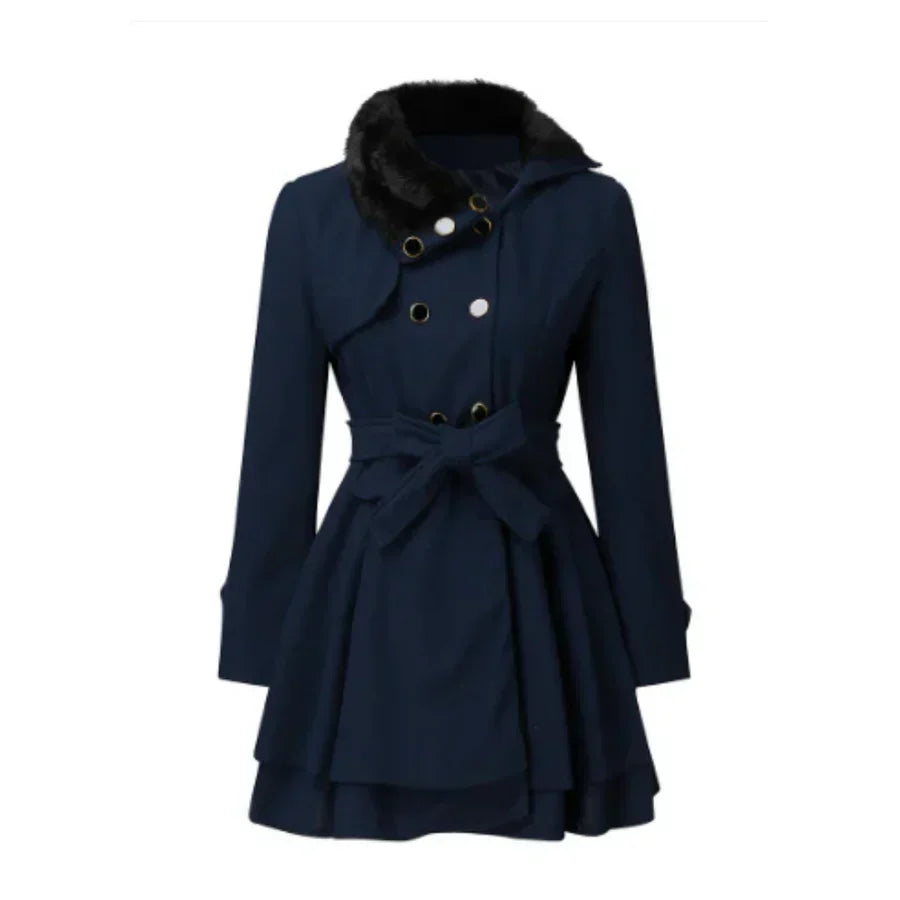 Mune | Coat Wool Blend Flattering A-Line Faux Fur Collar Belt