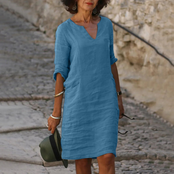 Linen shift dress with V-neck and pockets