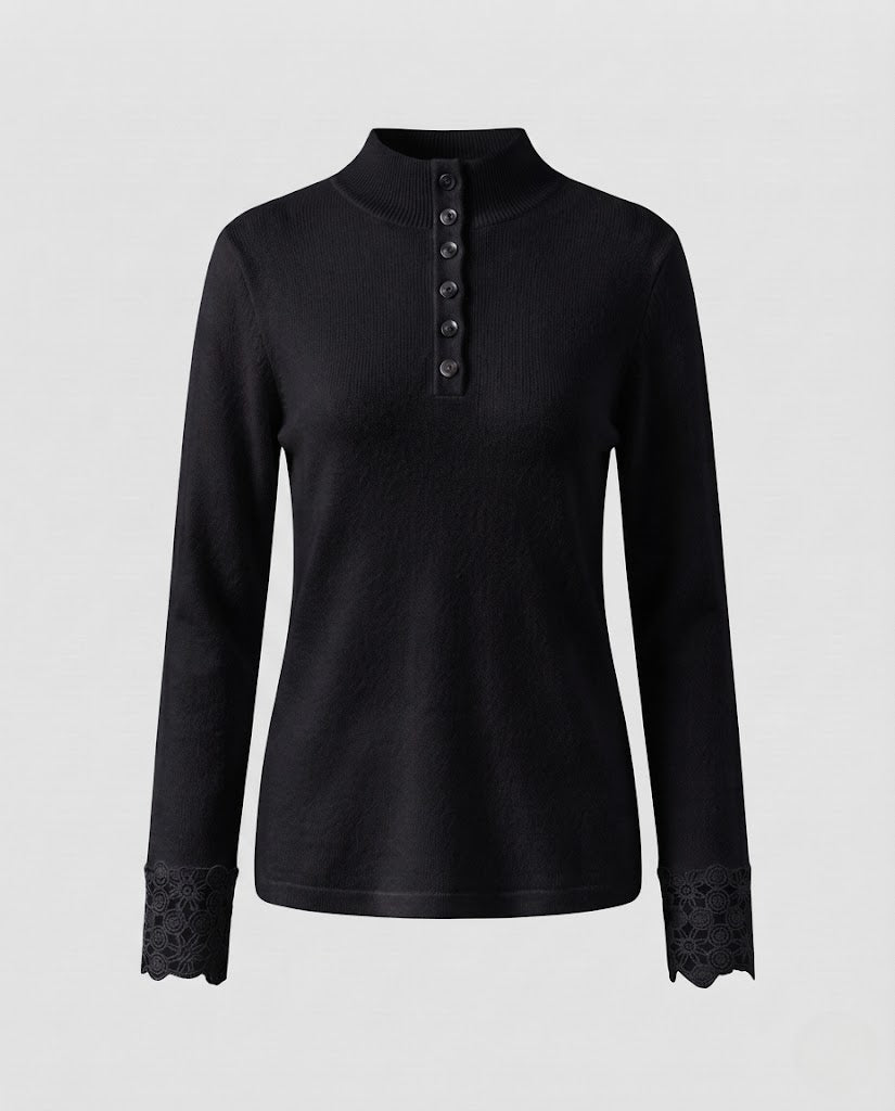 Women Fine Stand Collar Sweater with Decorative Button Placket and Lace Cuffs Mune Fashion
