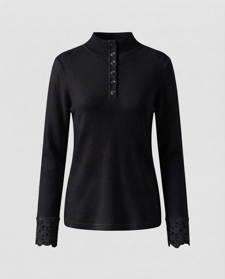 Women Fine Stand Collar Sweater with Decorative Button Placket and Lace Cuffs Mune Fashion