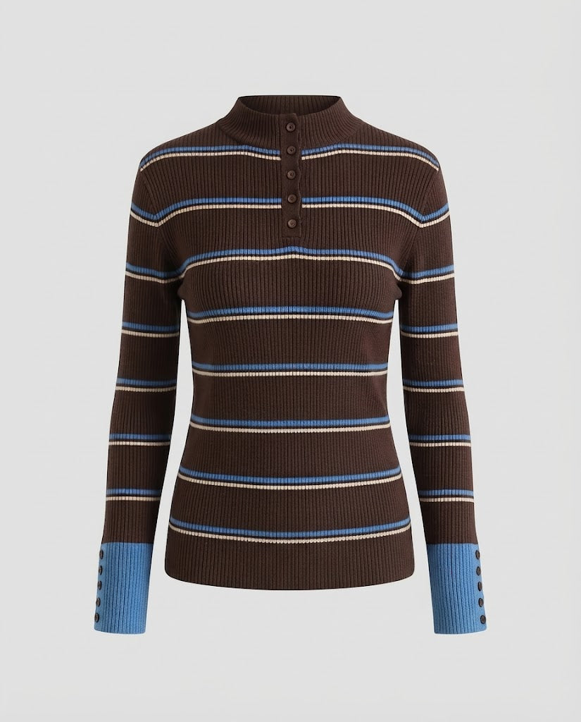 Women's Striped Ribbed Sweater with Stand-Up Collar, Button Placket, and Contrast Cuffs Mune Fashion