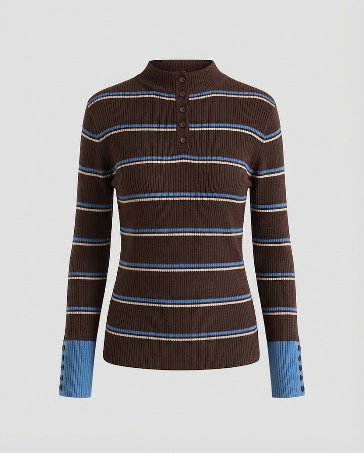 Women's Striped Ribbed Sweater with Stand-Up Collar, Button Placket, and Contrast Cuffs Mune Fashion