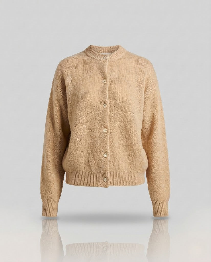 Women's Fluffy Mohair Blend Short Cardigan with Oversized Sleeves and Button Closure Mune Fashion