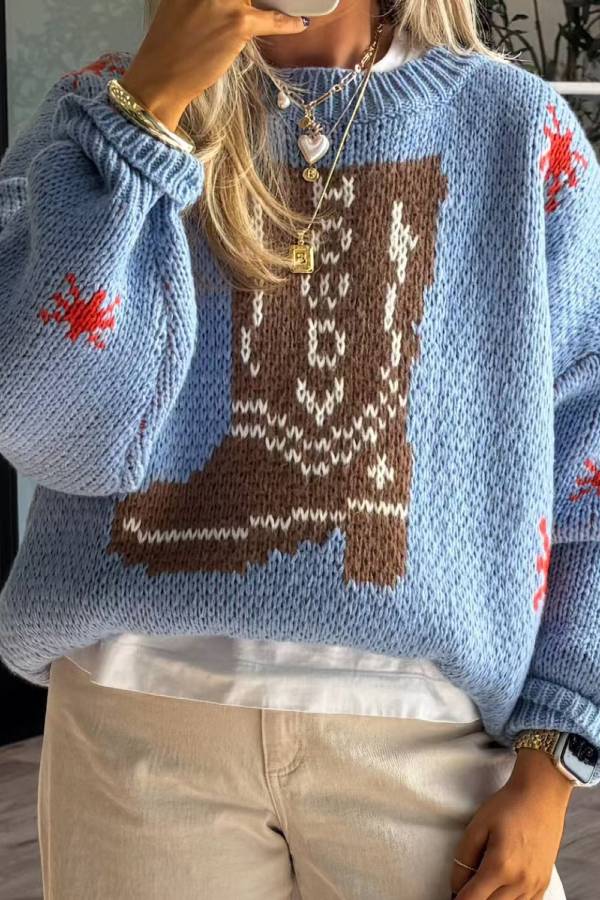 Mune | Christmas Knit Boots Round Neck Long Sleeve Sweater