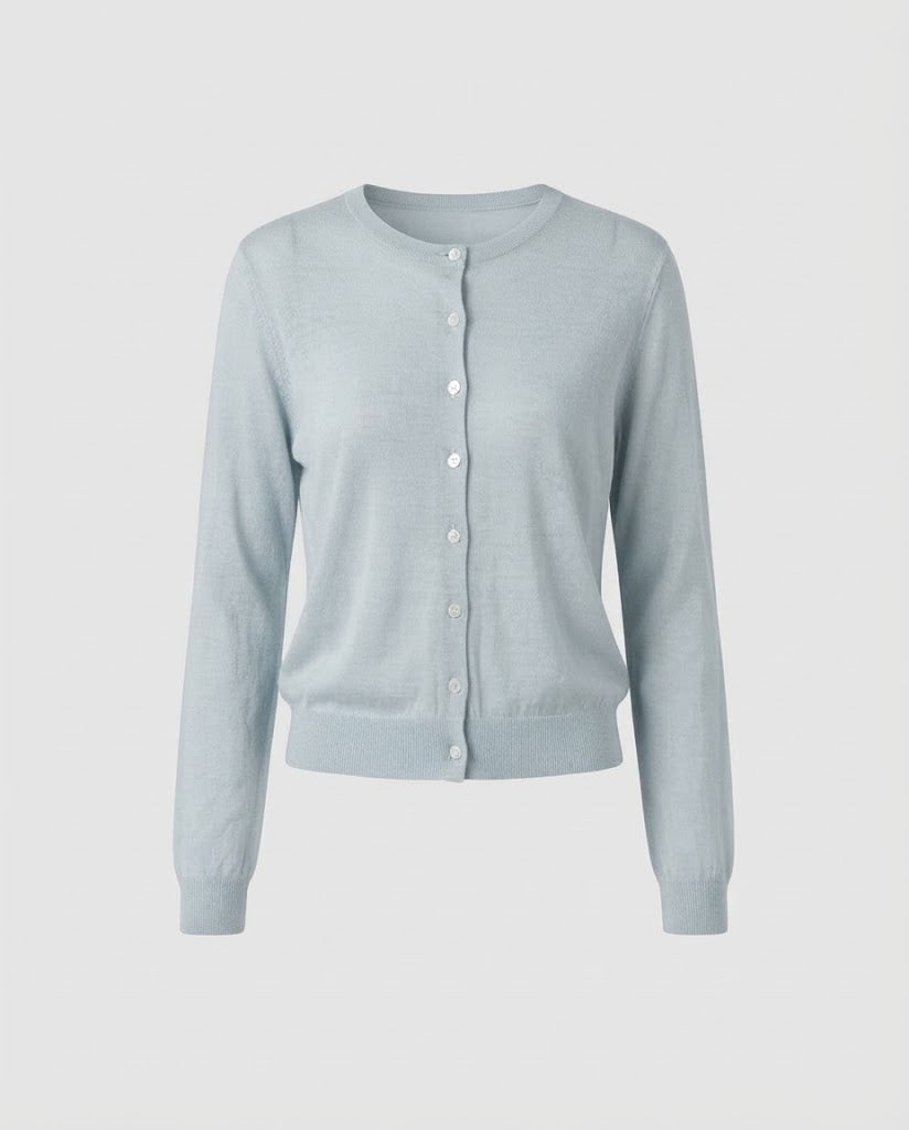 Women Lightweight Fine Knit Cardigan with Fine Button Placket and Round Neckline Mune Fashion