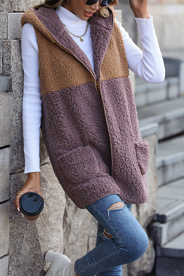 Mune | Sleeveless Colorblock Pocketless Mid-Length Cardigan Puff Velour Jacket