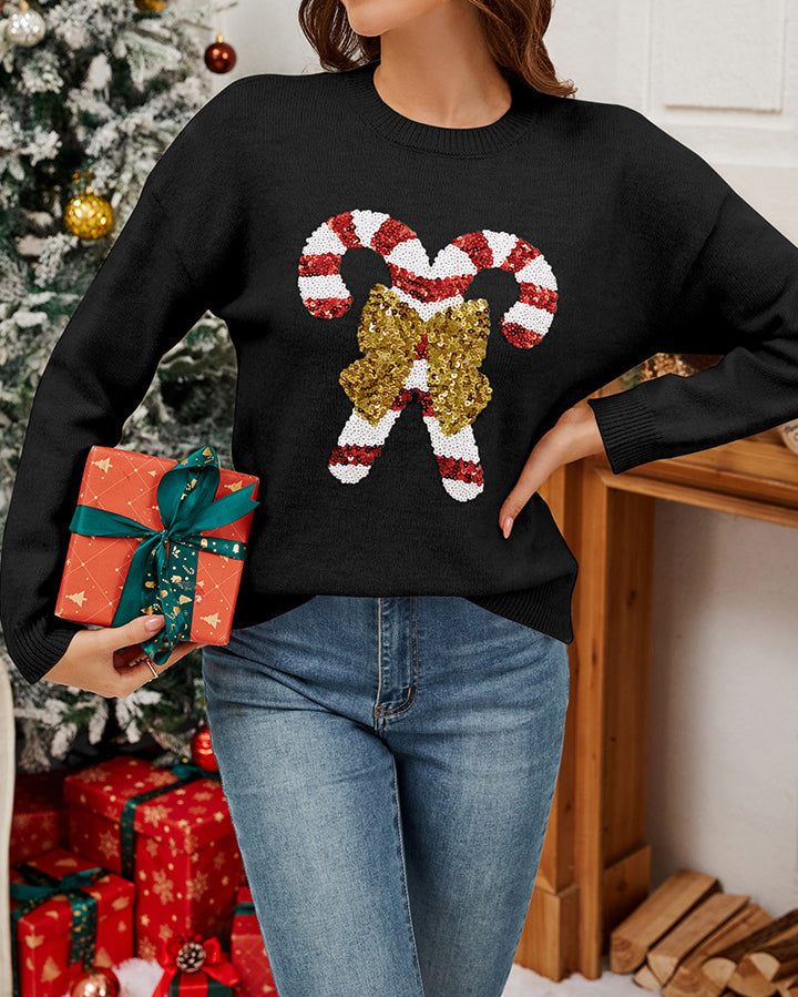 Mune | Christmas Candy Cane Bow Sequins Sweater