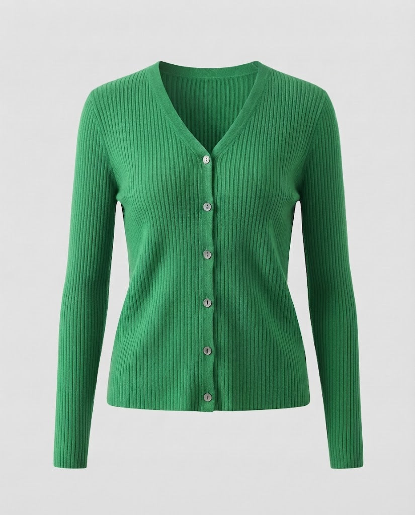 Women Fine Ribbed V-Neck Cardigan in Cashmere Look with Stretchy Rib Structure and Pearl Buttons Mune Fashion