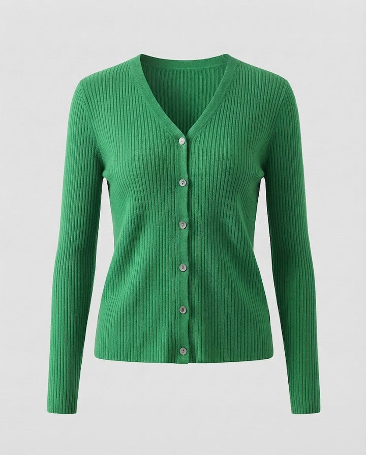 Women Fine Ribbed V-Neck Cardigan in Cashmere Look with Stretchy Rib Structure and Pearl Buttons Mune Fashion
