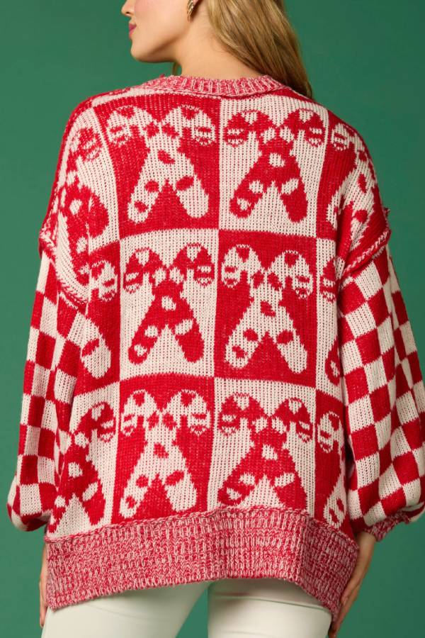 Mune | Christmas Candy Check Round Neck Long Sleeve Loose Knit Sweater