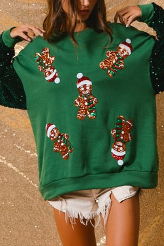 Mune | Christmas Casual Loose Round Neck Sequin Sleeve Sweatshirt