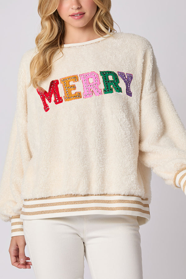Mune | Christmas Letters Rhinestone Long Sleeve Round Neck Sweatshirt