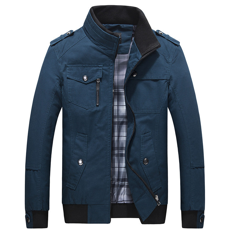 Men's Utility Canvas Blouson with Stand-up Collar, Epaulettes and Checkered Inner Lining Mune Fashion