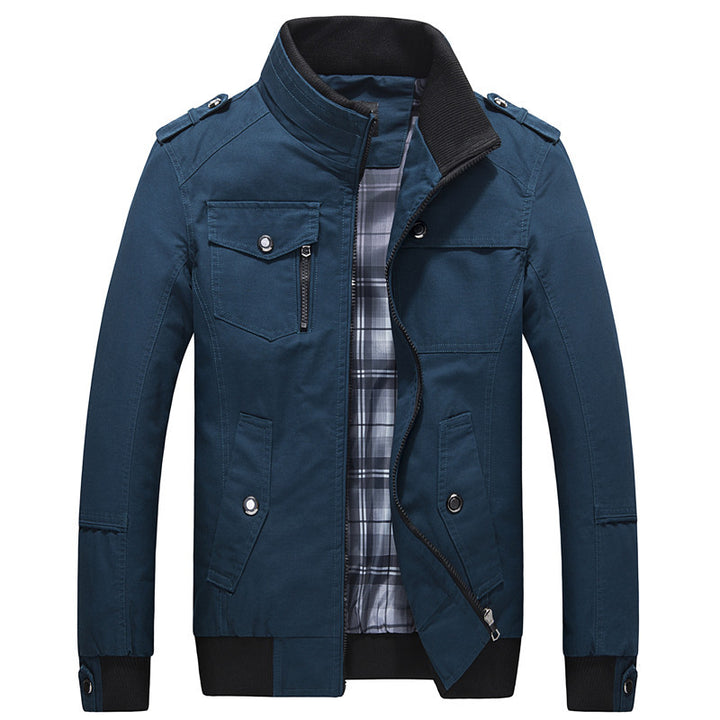 Men's Utility Canvas Blouson with Stand-up Collar, Epaulettes and Checkered Inner Lining Mune Fashion