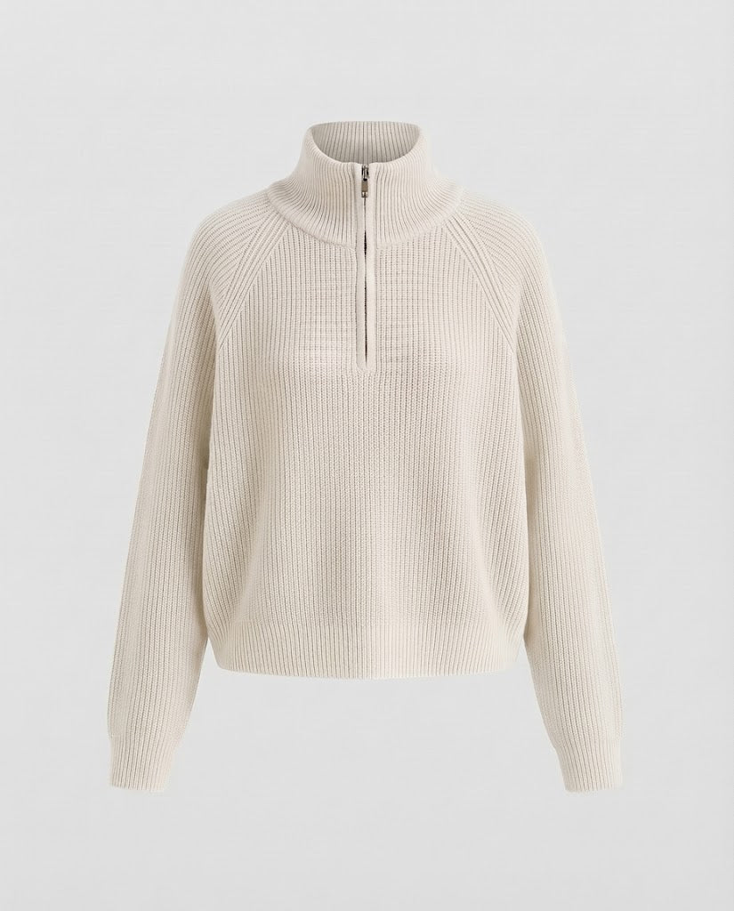 Women Short Half-Zip Knit Sweater with Ribbed Structure and Stand-Up Collar Mune Fashion