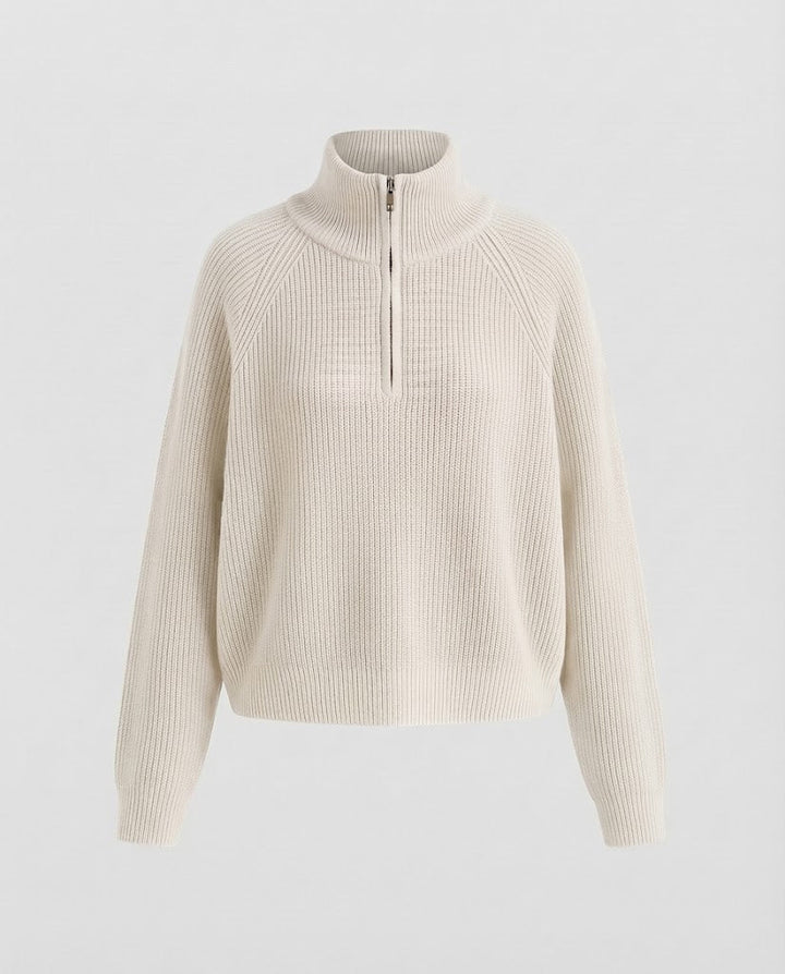 Women Short Half-Zip Knit Sweater with Ribbed Structure and Stand-Up Collar Mune Fashion