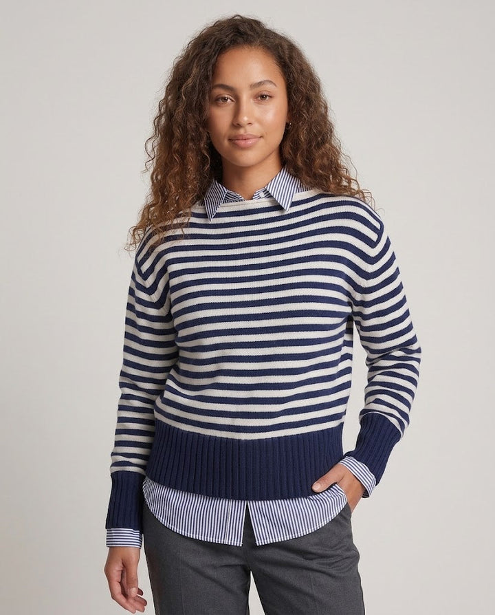 Women's Striped Cotton Blend Sweater with Wide Navy Stripes and Ribbed Hem Mune Fashion