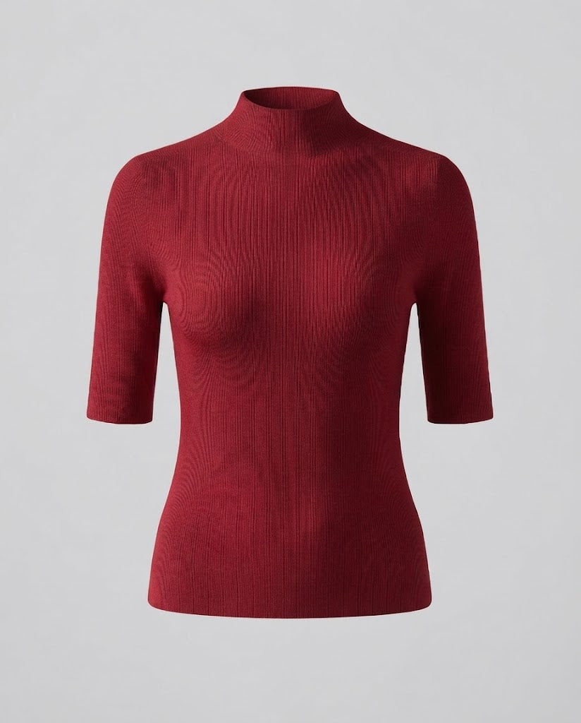 Women Half Sleeve Fine Knit Sweater with Short Stand Collar and Fitted Cut Mune Fashion