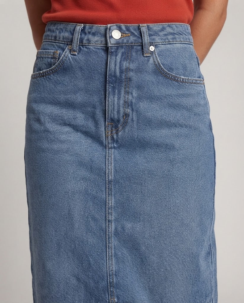 Women high-waisted denim midi skirt with front slit and straight cut Mune Fashion