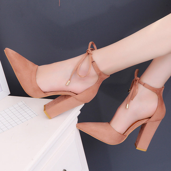 Women's pointed toe pumps with ankle tie and sculptural block heel Mune Fashion