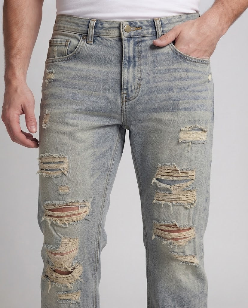 Men's Extra Wide Destroyed Denim Jeans in Baggy Straight Cut Mune Fashion