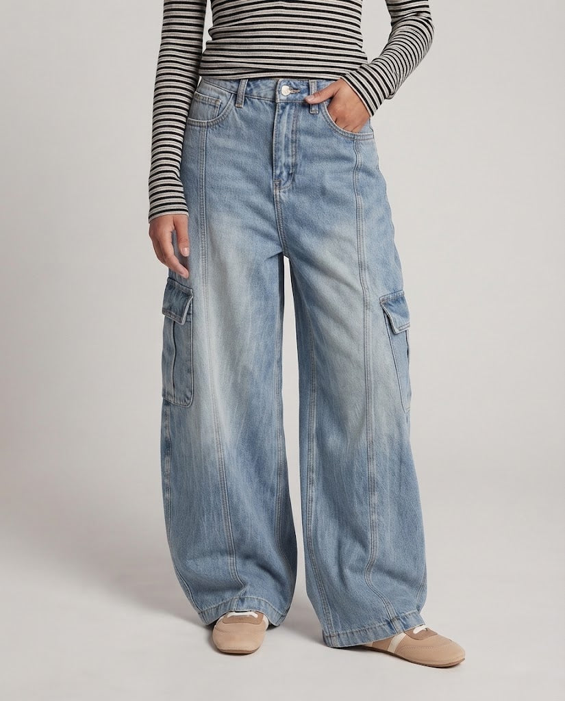 Women Extra Wide Palazzo Denim Pants with Balloon Silhouette and Large Cargo Flap Pockets Mune Fashion