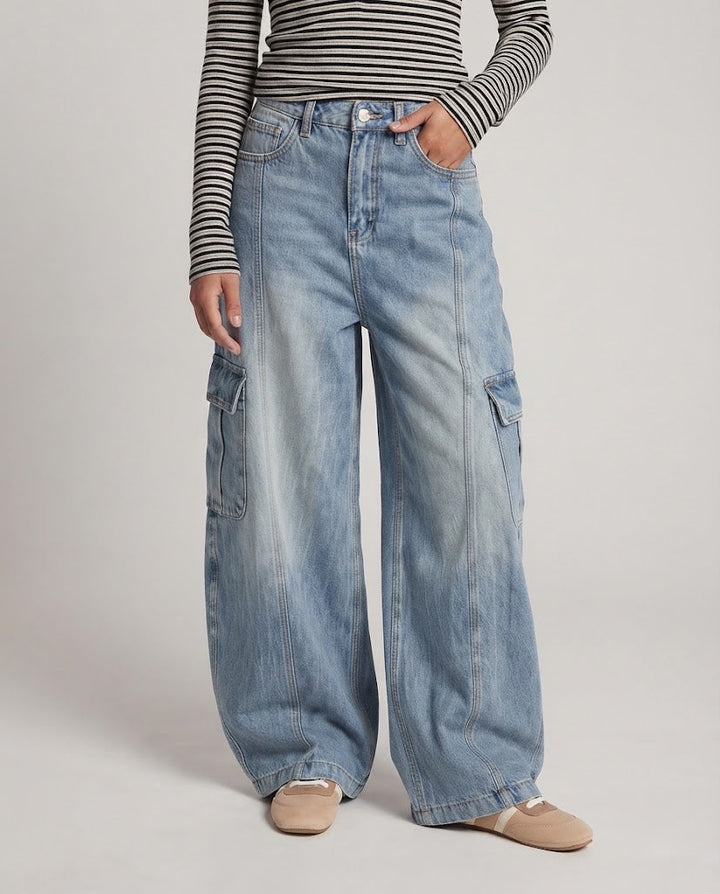 Women Extra Wide Palazzo Denim Pants with Balloon Silhouette and Large Cargo Flap Pockets Mune Fashion