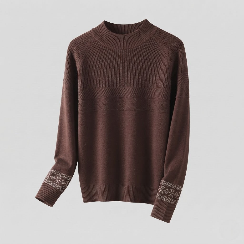 Women's fine-knit pullover with a short stand-up collar, structured yoke and Norwegian motif at the sleeve hem Mune Fashion
