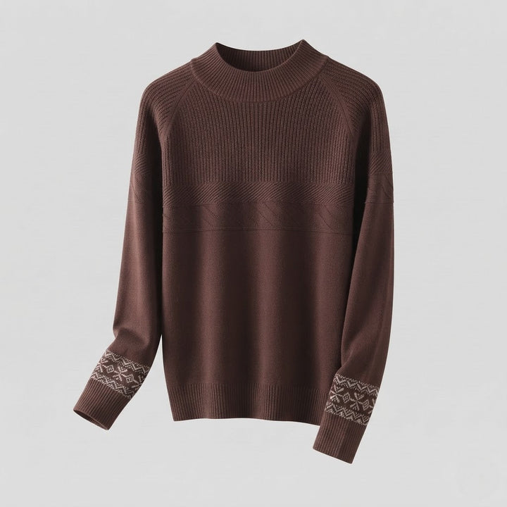 Women's fine-knit pullover with a short stand-up collar, structured yoke and Norwegian motif at the sleeve hem Mune Fashion