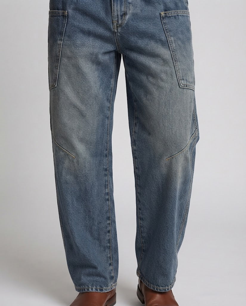 Men's Baggy Denim Cargo Pants with Drop Crotch and Oversized Patch Pockets Mune Fashion