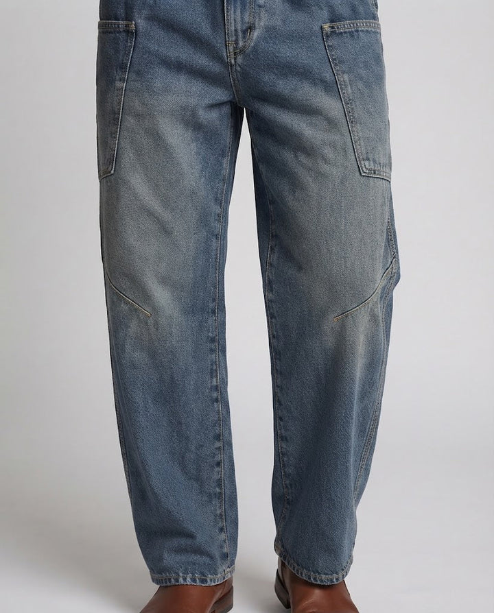 Men's Baggy Denim Cargo Pants with Drop Crotch and Oversized Patch Pockets Mune Fashion