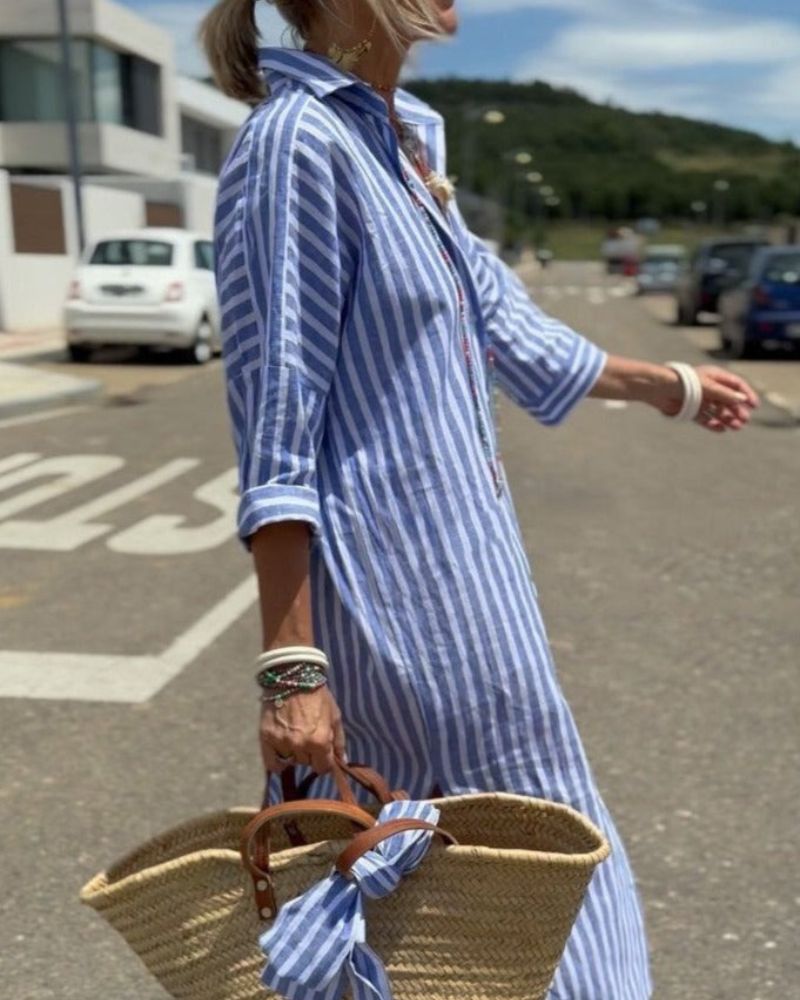 Women Timeless Striped Summer Shirt Dress