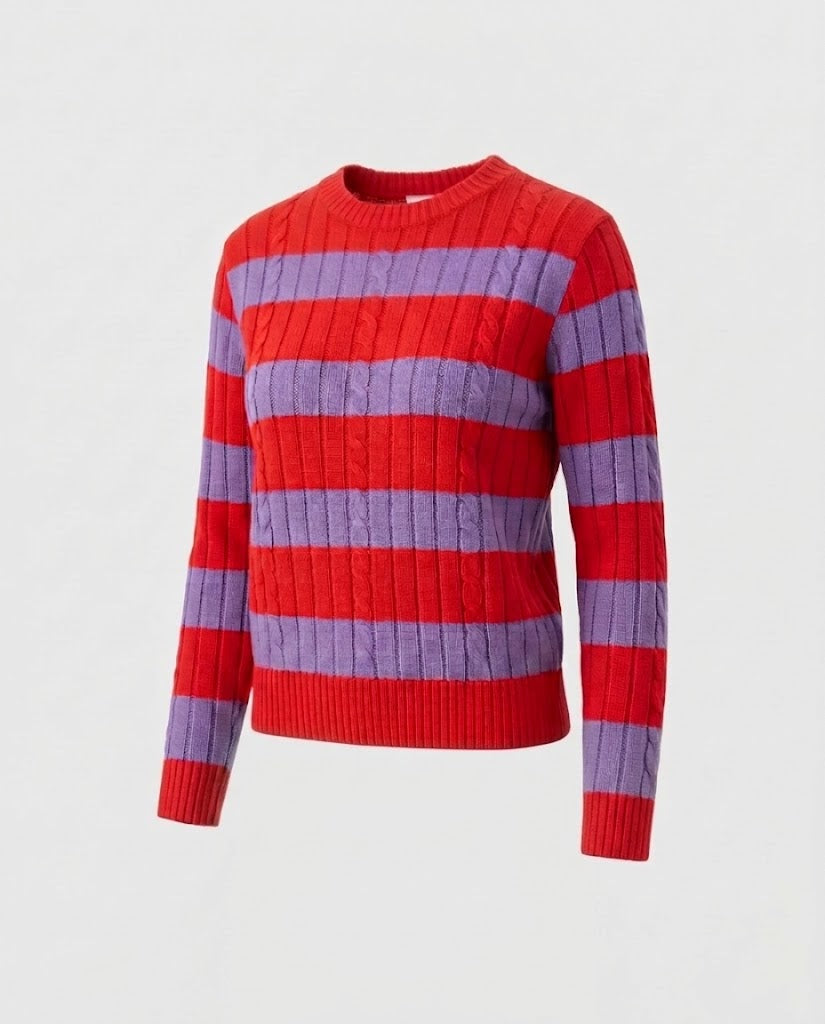 Ladies Striped Ribbed Cropped Sweater with Round Neck Mune Fashion