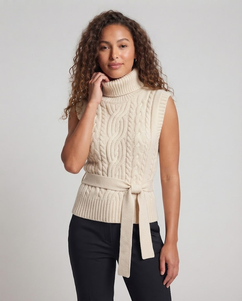Women's Sleeveless Cable Knit Vest with Turtleneck and Tie Belt Mune Fashion