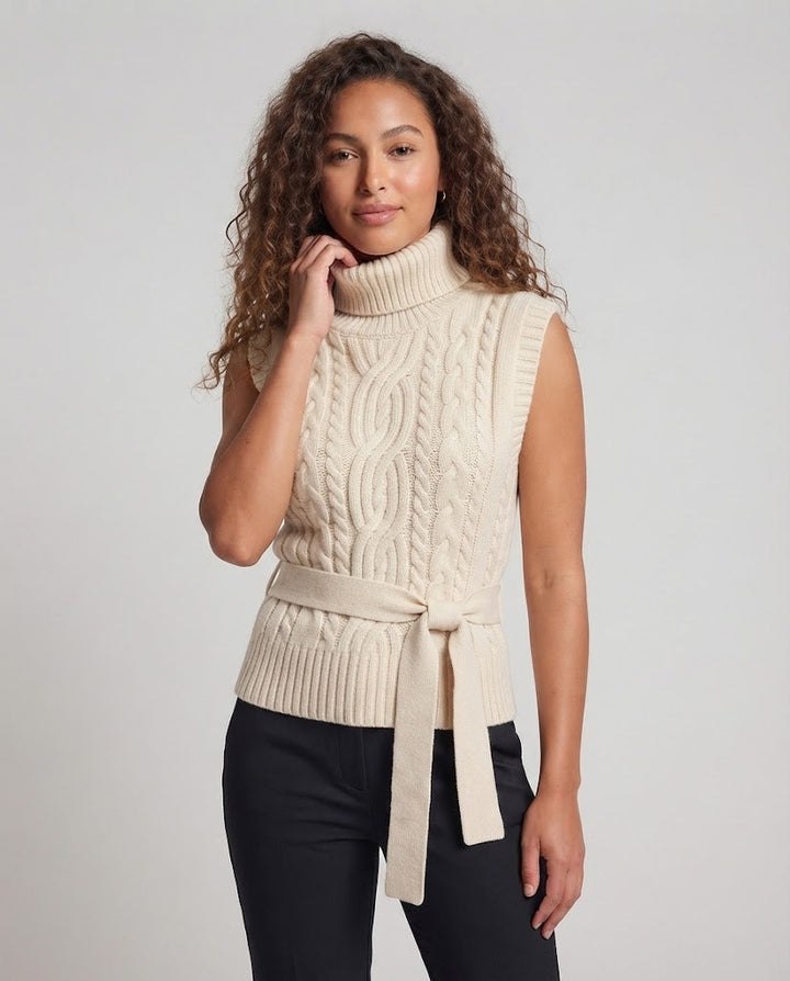 Women's Sleeveless Cable Knit Vest with Turtleneck and Tie Belt Mune Fashion