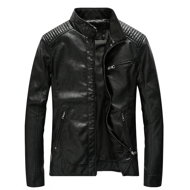Men's Faux Leather Biker Jacket with Stand-up Collar and Shoulder Padding Mune Fashion