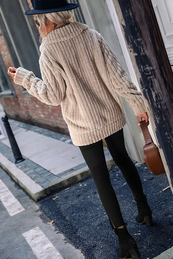 Mune | Collar Zipper Long Sleeve Solid Mid-Length Reversible Plush Jacket