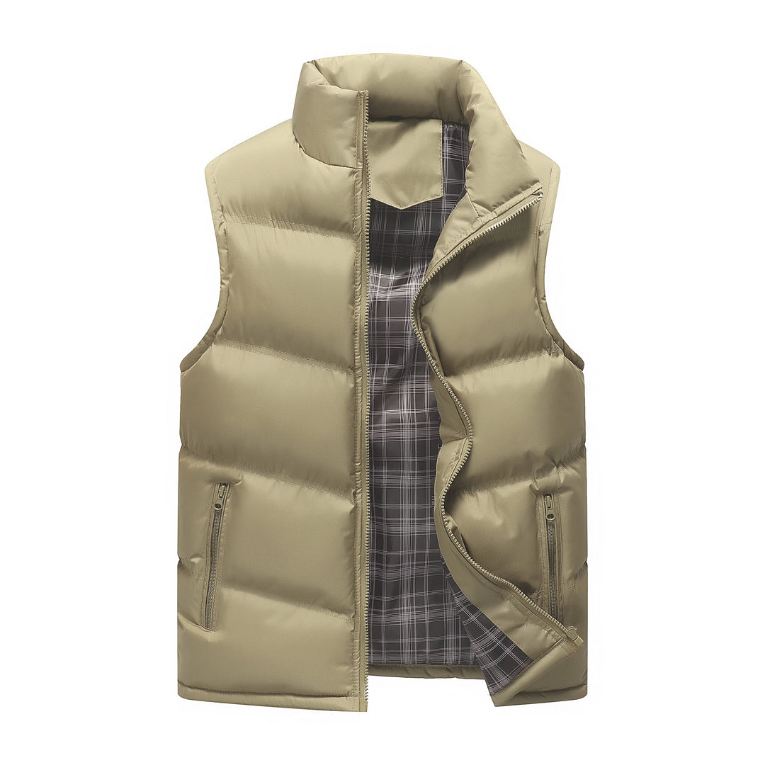 Men's Padded Quilted Vest with High Standing Collar, Zipper Pockets and Checked Lining Mune Fashion