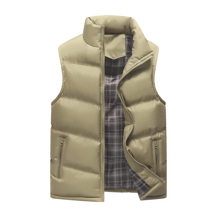 Men's Padded Quilted Vest with High Standing Collar, Zipper Pockets and Checked Lining Mune Fashion