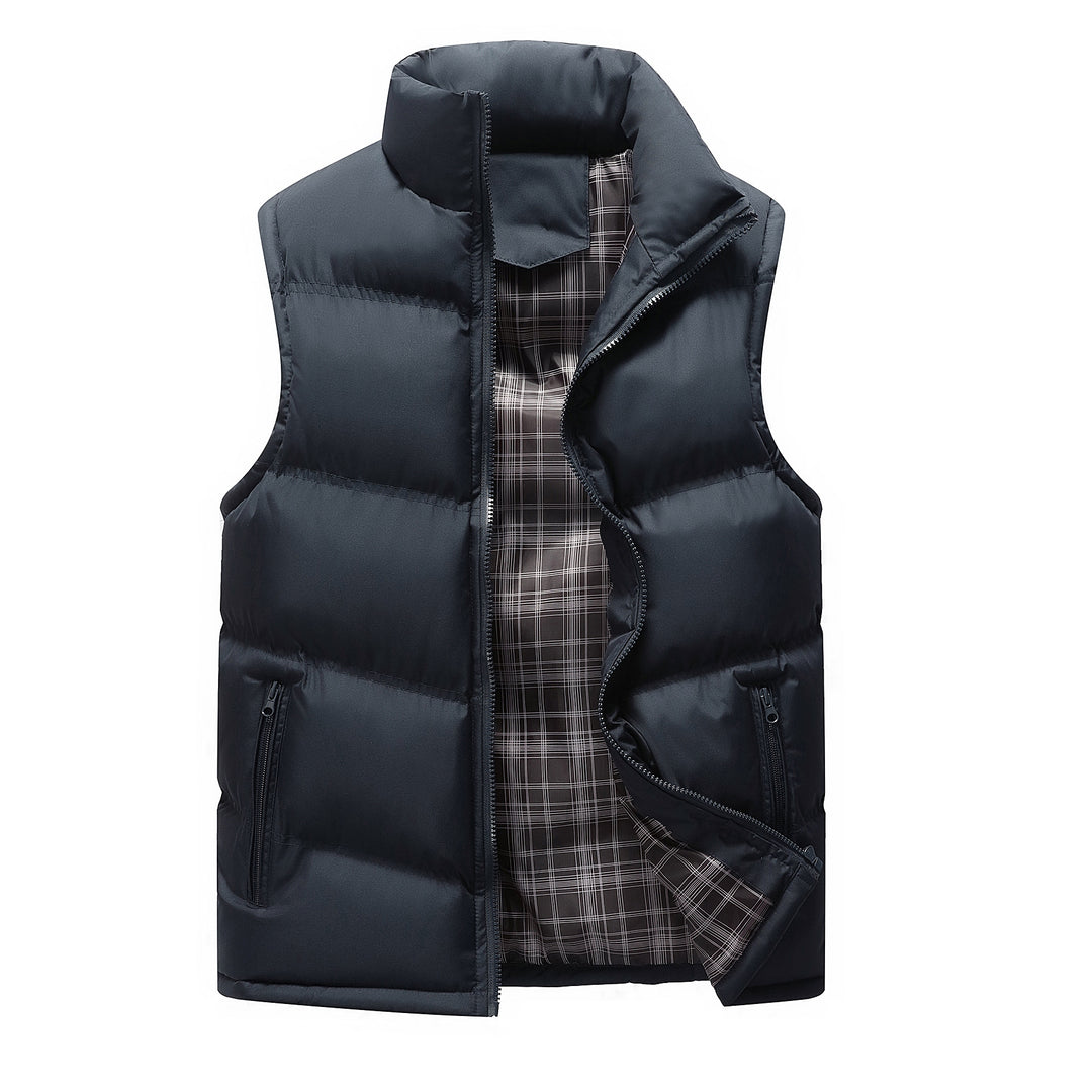 Men's Padded Quilted Vest with High Standing Collar, Zipper Pockets and Checked Lining Mune Fashion