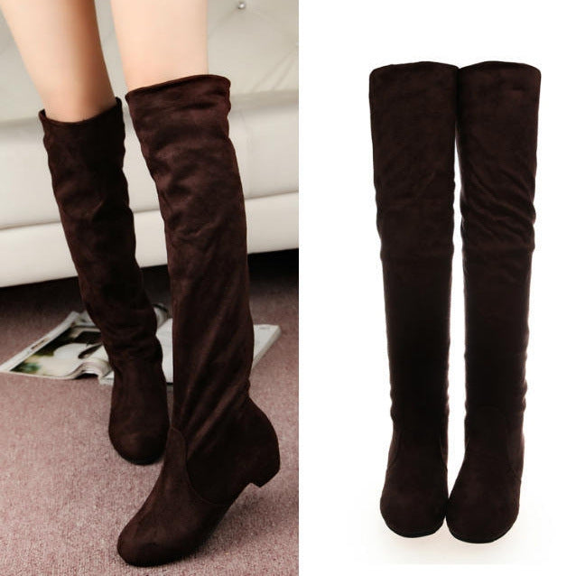Ladies Overknee Boots with soft suede finish, flat wedge heel and stretchy shaft Mune Fashion