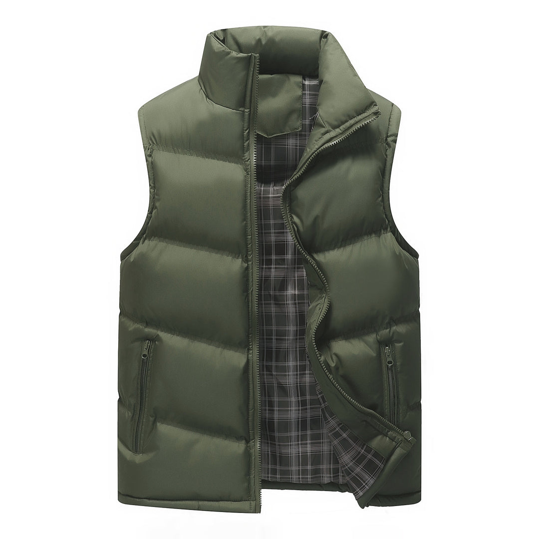 Men's Padded Quilted Vest with High Standing Collar, Zipper Pockets and Checked Lining Mune Fashion