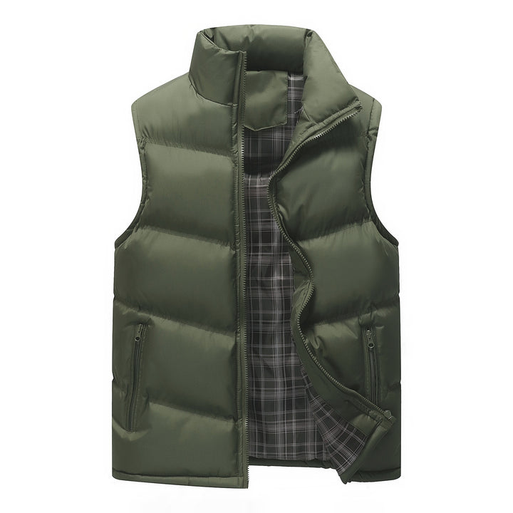 Men's Padded Quilted Vest with High Standing Collar, Zipper Pockets and Checked Lining Mune Fashion