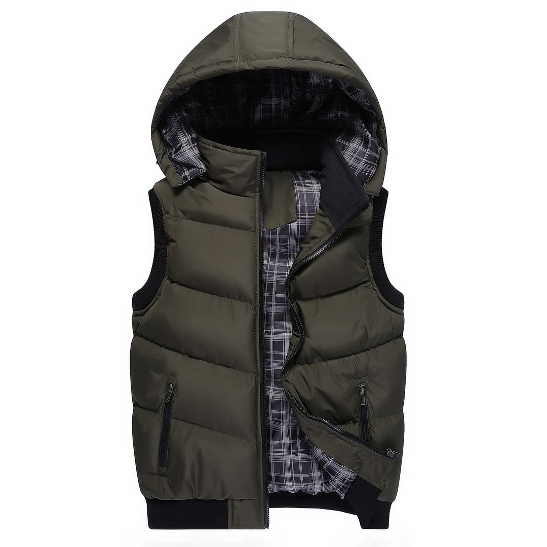 Men Quilted Sleeveless Quilted Vest with Hood and Ribbed Cuffs Mune Fashion
