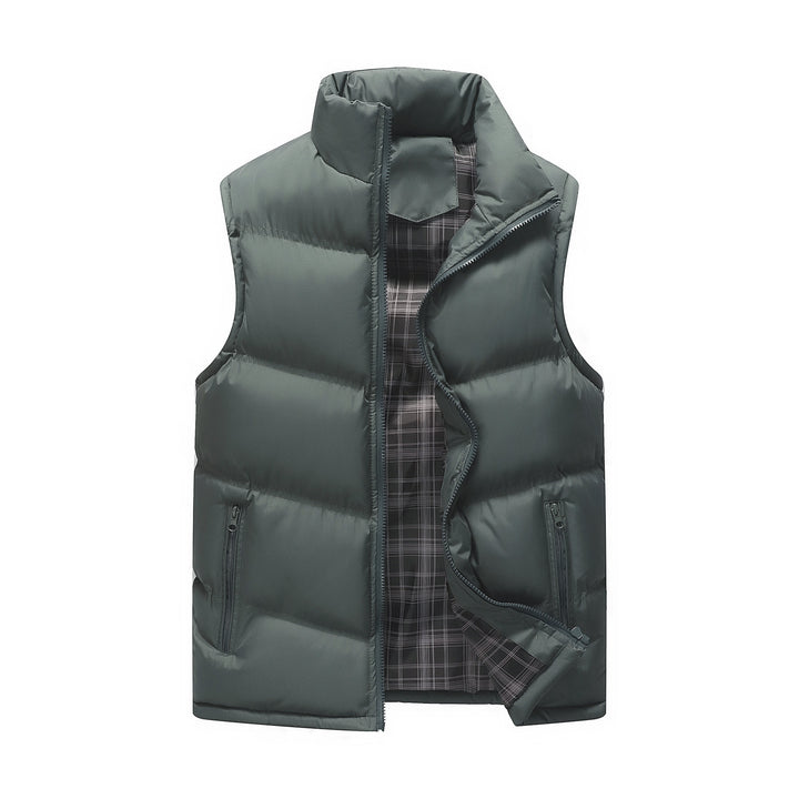 Men's Padded Quilted Vest with High Standing Collar, Zipper Pockets and Checked Lining Mune Fashion