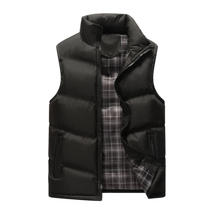 Men's Padded Quilted Vest with High Standing Collar, Zipper Pockets and Checked Lining Mune Fashion