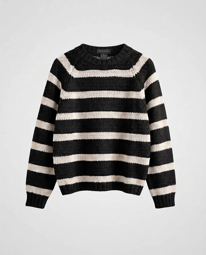 Women's Striped Boxy Knit Sweater with Chunky Stitch and Round Neckline Mune Fashion
