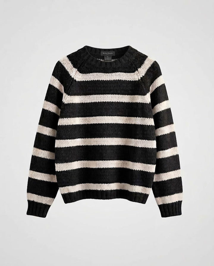 Women's Striped Boxy Knit Sweater with Chunky Stitch and Round Neckline Mune Fashion