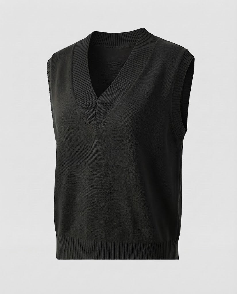 Ladies' Sleeveless Fine Knitted Vest with Deep V-Neck and Ribbed Hem Mune Fashion